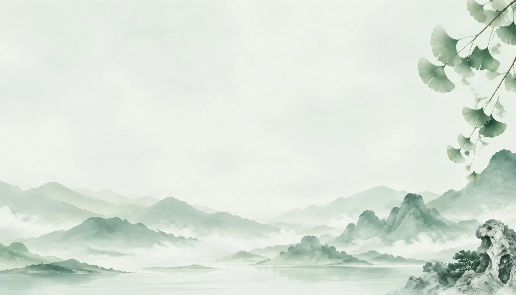 Jade-green Chinese ink landscape with misty mountains, a lake, and ginkgo leaves