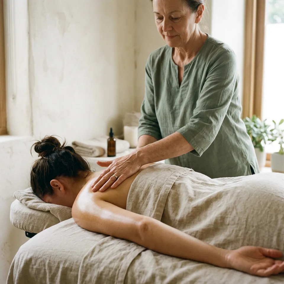 Illustrative massage scene with gentle hands-on work across the upper back